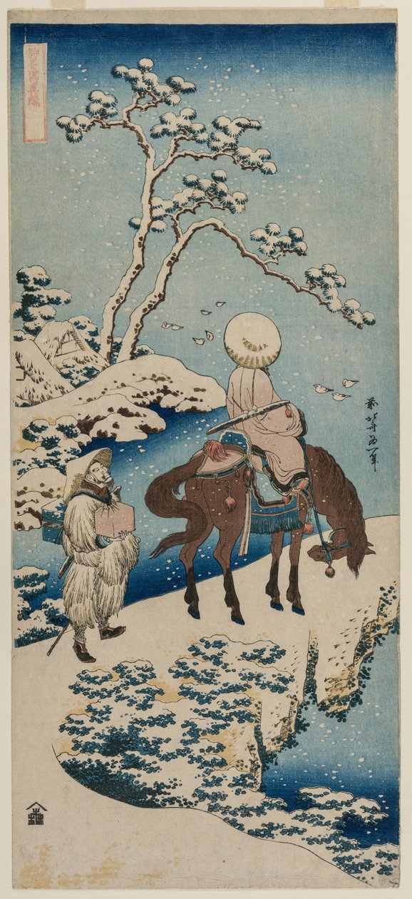 Čínský úředník se zastavil na mostě, aby si prohlédl sníh (ze série Pravé zrcadlo čínských a japonských veršů) od Katsushika Hokusai