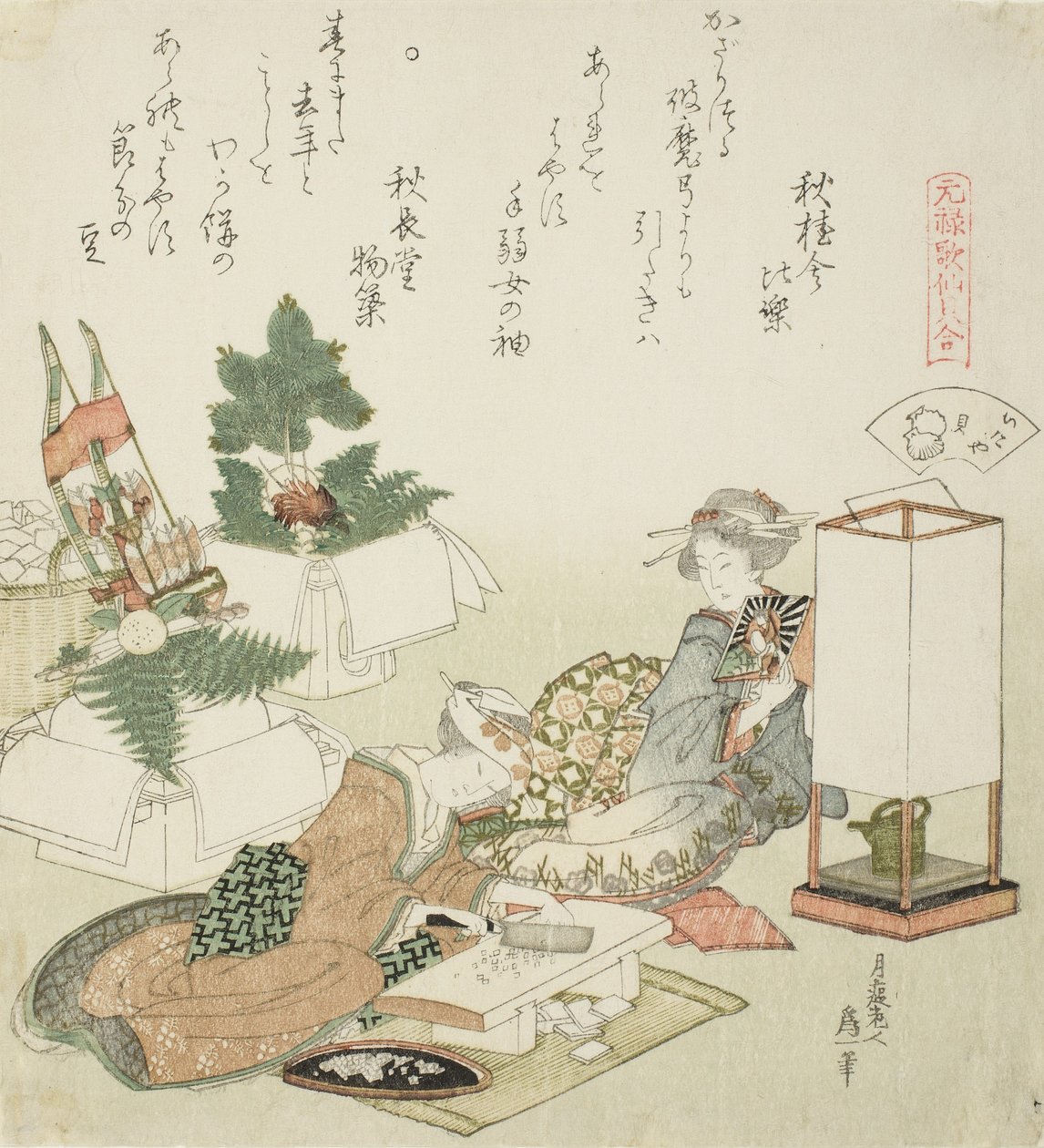 Sekání rýžových koláčů, ilustrace pro The Board-Roof Shell od Katsushika Hokusai
