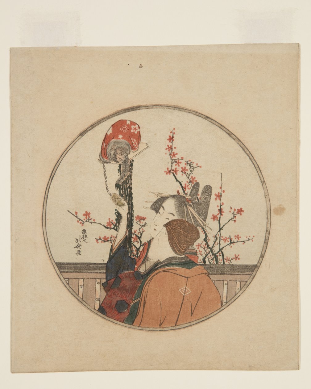 Kurtizána, host a opice mazlíček (barevný dřevořez) od Katsushika Hokusai