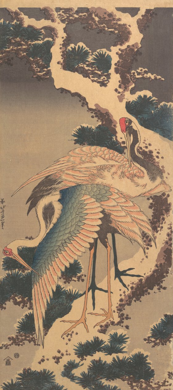 Jeřáby na větvi Snow-covered Pine, pozdní 1820. od Katsushika Hokusai