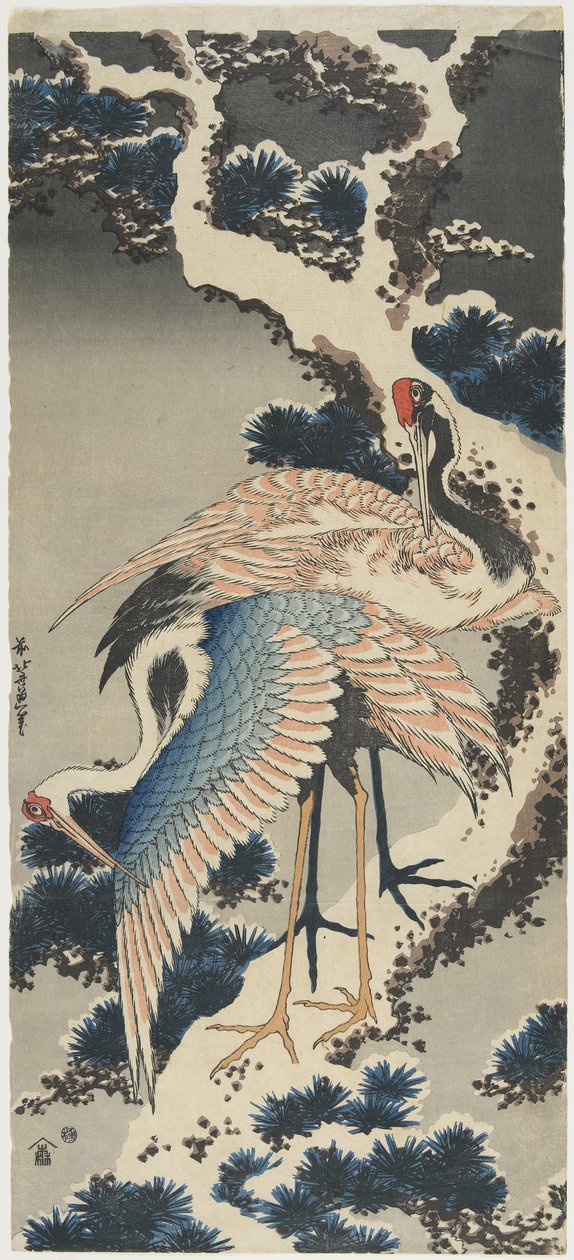 Jeřáby na borovici, c. 1834 od Katsushika Hokusai