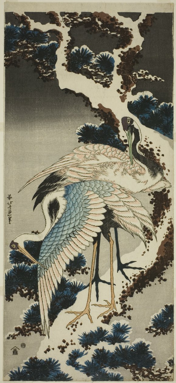 Jeřáby na zasněžené borovici od Katsushika Hokusai