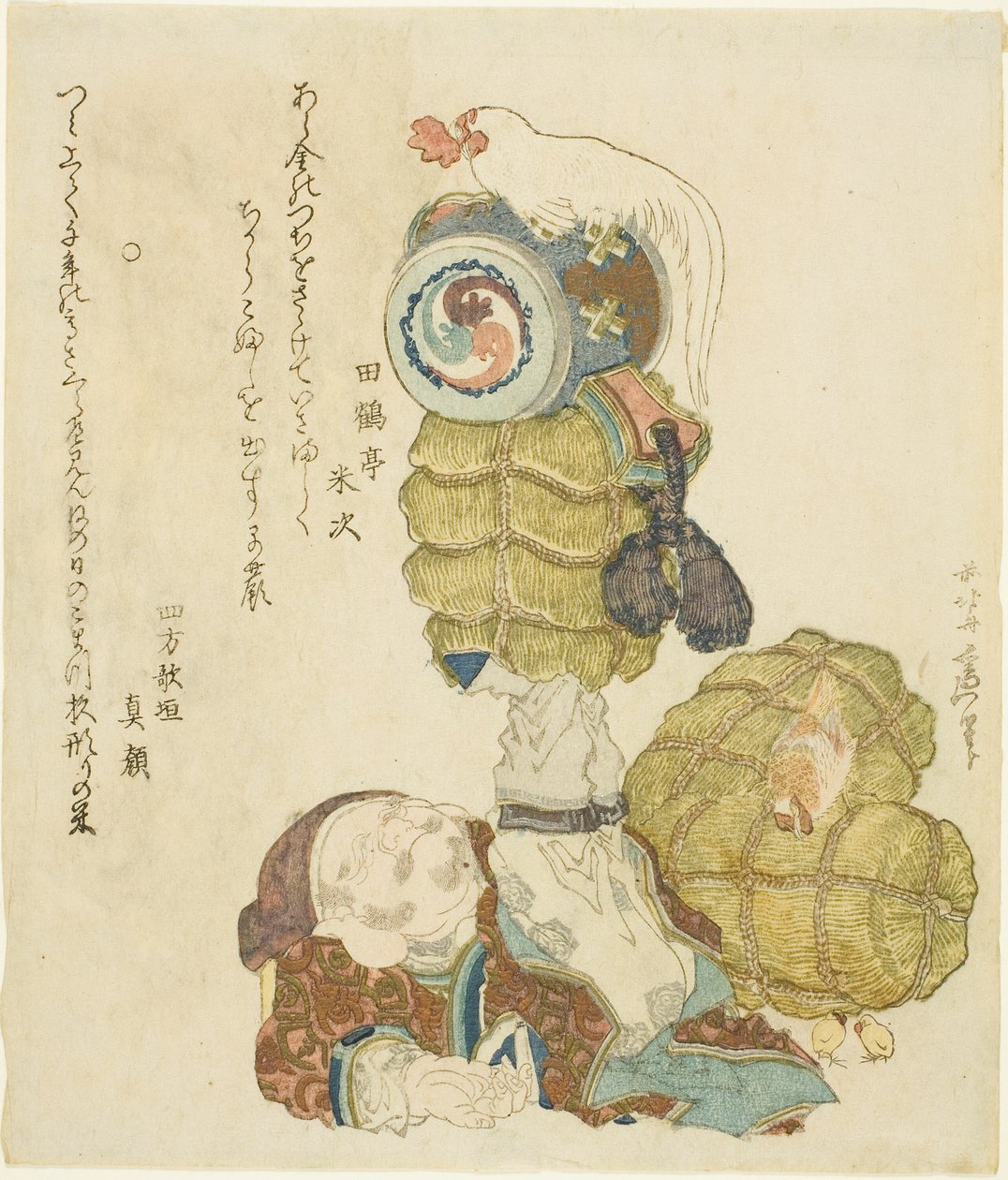 Daikoku balancuje na nohou balíky rýže, paličku a kohouta od Katsushika Hokusai