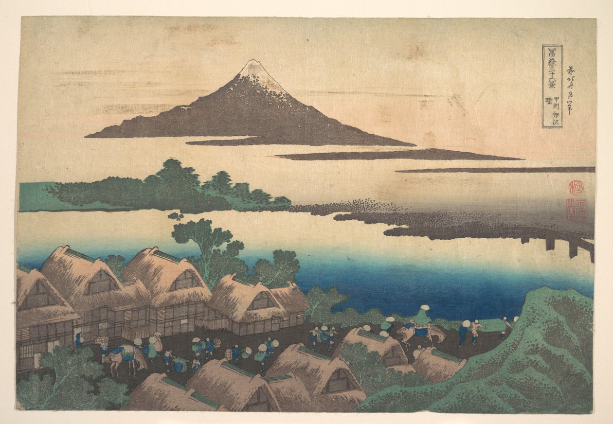 Svítání v Isawě v provincii Kai (Kōshū Isawa no akatsuki), ze série „Třicet šest pohledů na horu Fuji“ (Fugaku sanjūrokkei) od Katsushika Hokusai