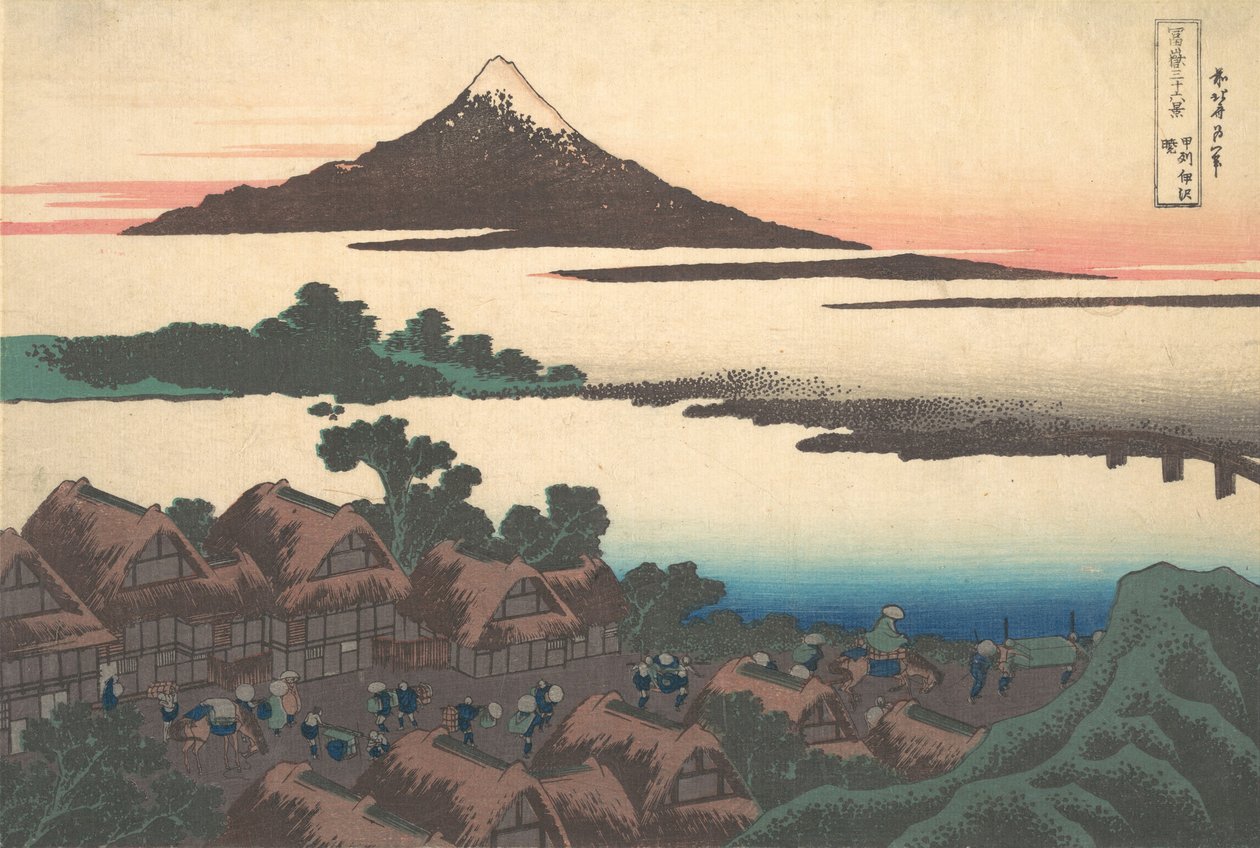 Úsvit v Isawě v provincii Kai Koshu Isawa no akatsuki, ze série Třicet šest..., ca. 1830-32. od Katsushika Hokusai