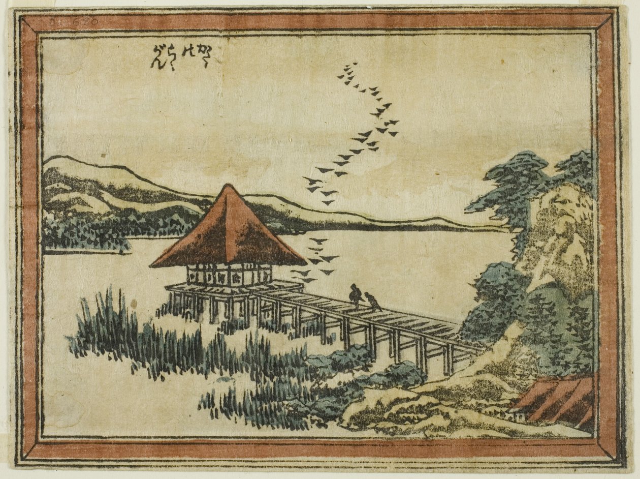 Sestupné husy na Katadě (Katada no rakugan), ze série Osm pohledů na Omi ve stylu leptu (Doban Omi hakkei) od Katsushika Hokusai