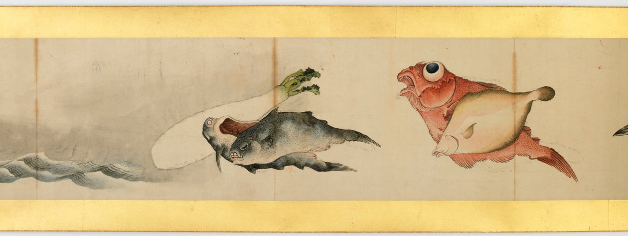 Detail ručního rolování s různými obrázky, období Edo, 1839 inkoust a barva na papíře od Katsushika Hokusai