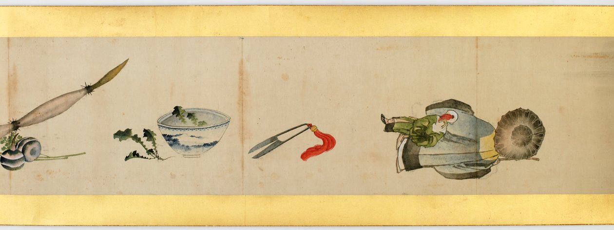 Detail ručního rolování s různými obrázky, období Edo, 1839 inkoust a barva na papíře od Katsushika Hokusai