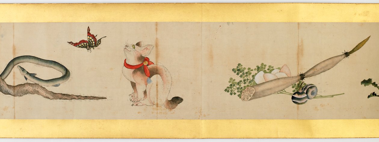 Detail ručního rolování s různými obrázky, období Edo, 1839 inkoust a barva na papíře od Katsushika Hokusai