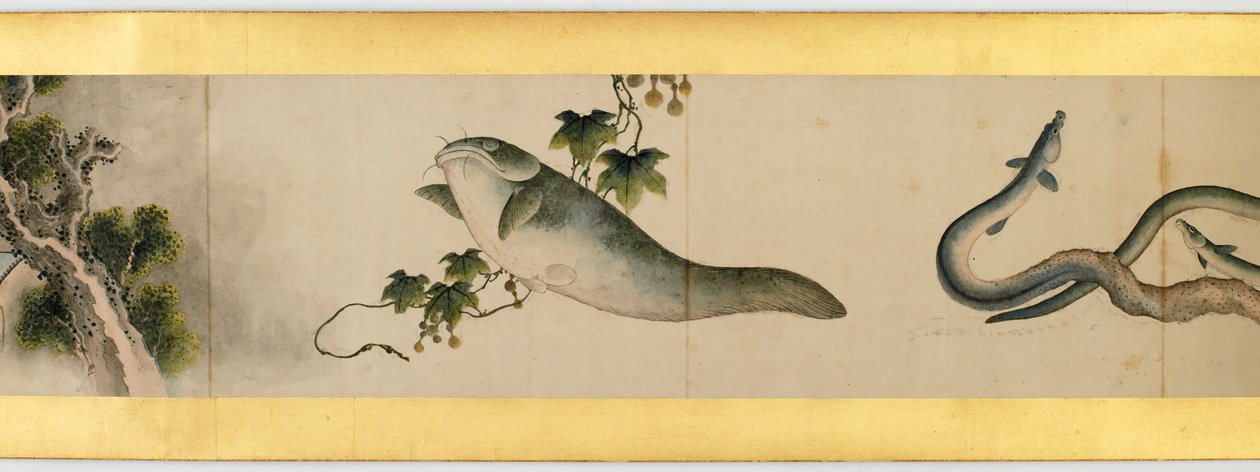 Detail ručního svitku s různými obrázky, období Edo, 1839, tuš a barva na papíře od Katsushika Hokusai