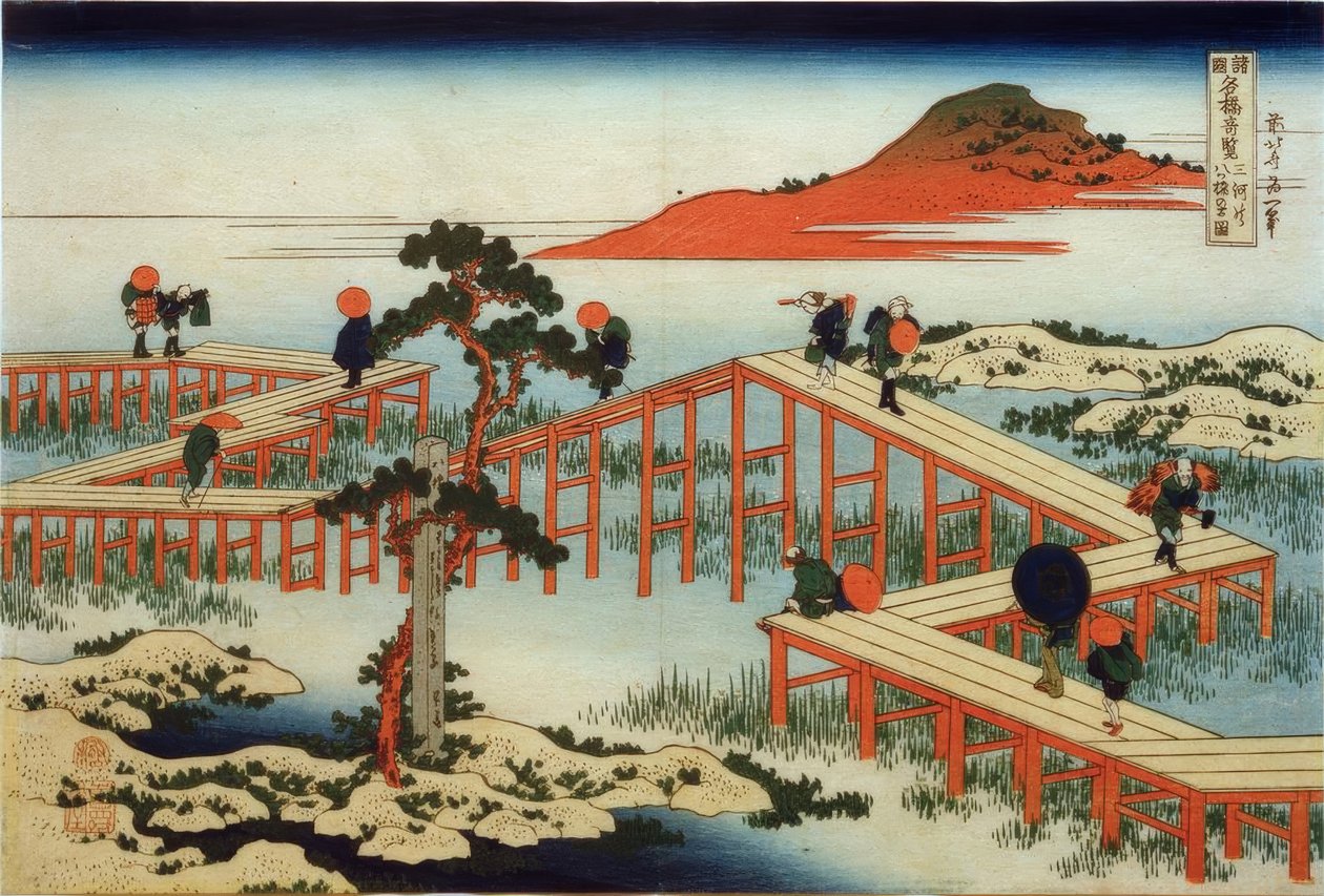 Starý pohled na most Yatsuhashi v provincii Mikawa od Katsushika Hokusai