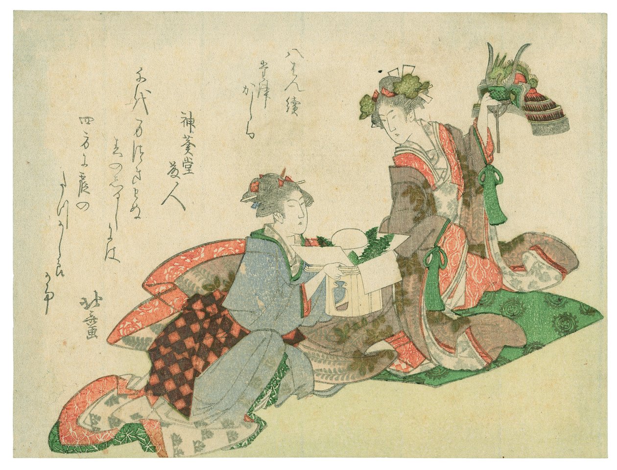Přilba s dračí hlavou (dvě ženy s novoročními ozdobami) od Katsushika Hokusai