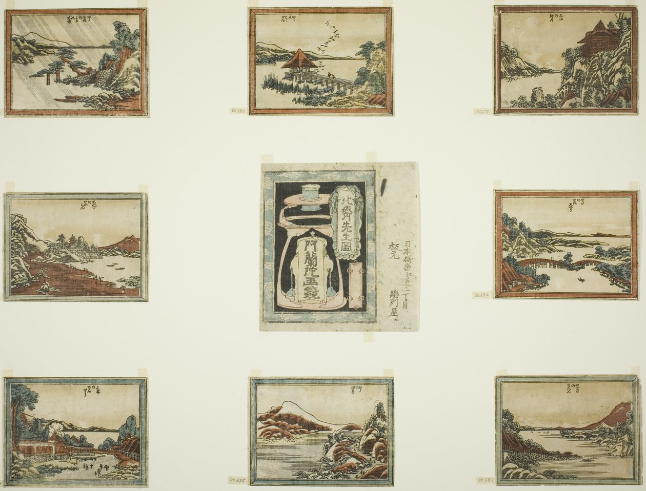 Osm pohledů na Omiho ve stylu leptu (Doban Omi hakkei) a krycí list od Katsushika Hokusai