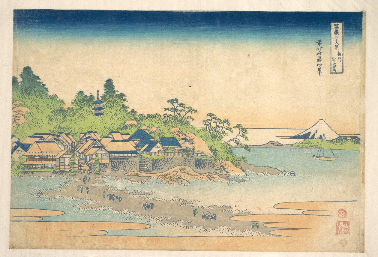 Enoshima v provincii Sagami (Sōshū Enoshima), ze série „Třicet šest pohledů na horu Fuji“ (Fugaku sanjūrokkei) od Katsushika Hokusai