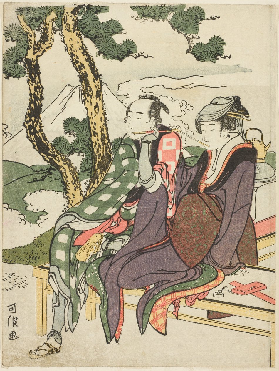 Evening Glow for Date no Yosaku a Seki no Koman, z nepojmenované série známé jako „Osm pohledů na tragické milence (Michiyuki hakkei)“ od Katsushika Hokusai