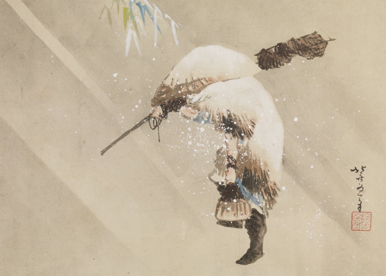 Rybář nesoucí svou síť ve sněhu, c. 1821 (inkoust, barva a gofun na papíře) od Katsushika Hokusai