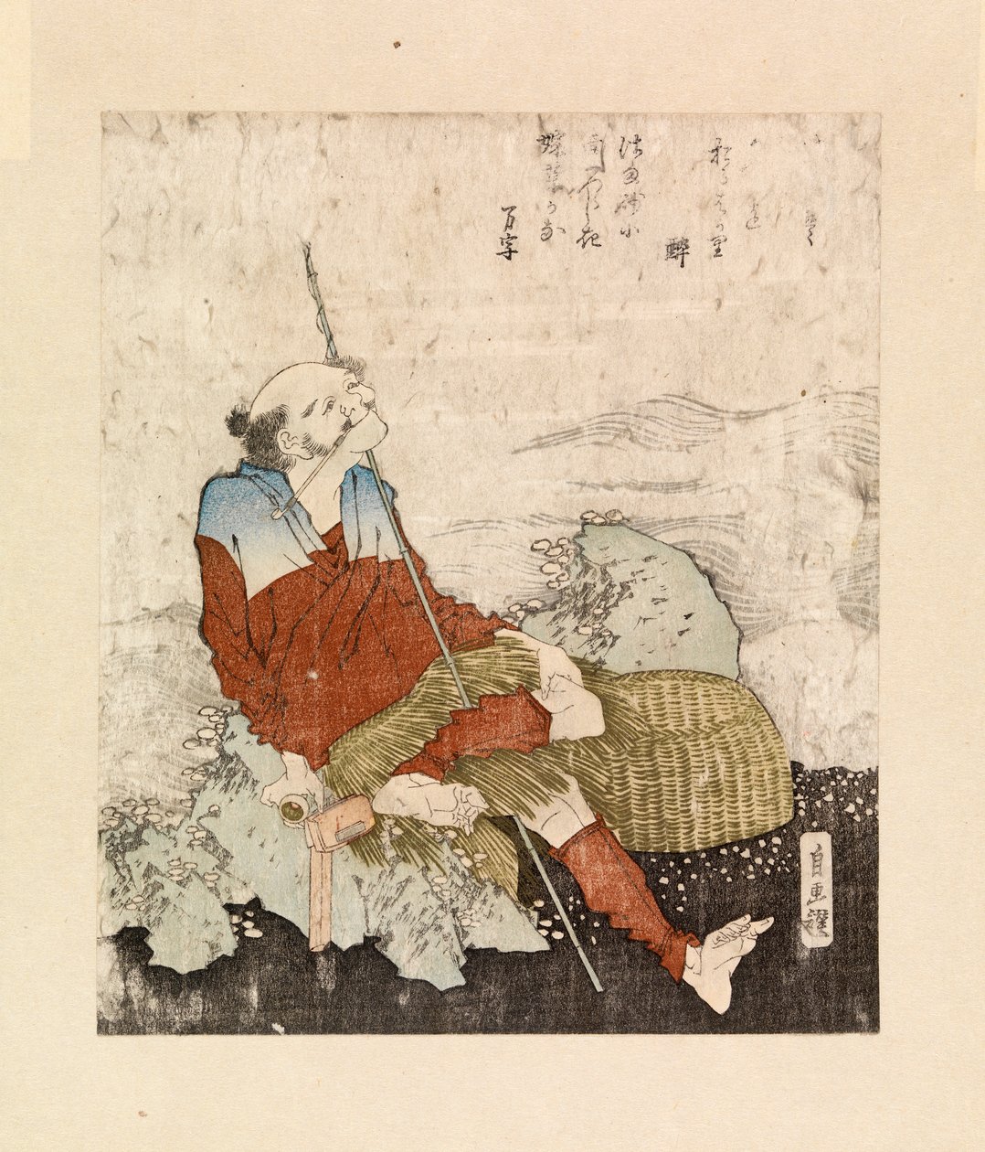 Rybář kouřící u potoka, kolem 1835 (barevný dřevoryt) od Katsushika Hokusai