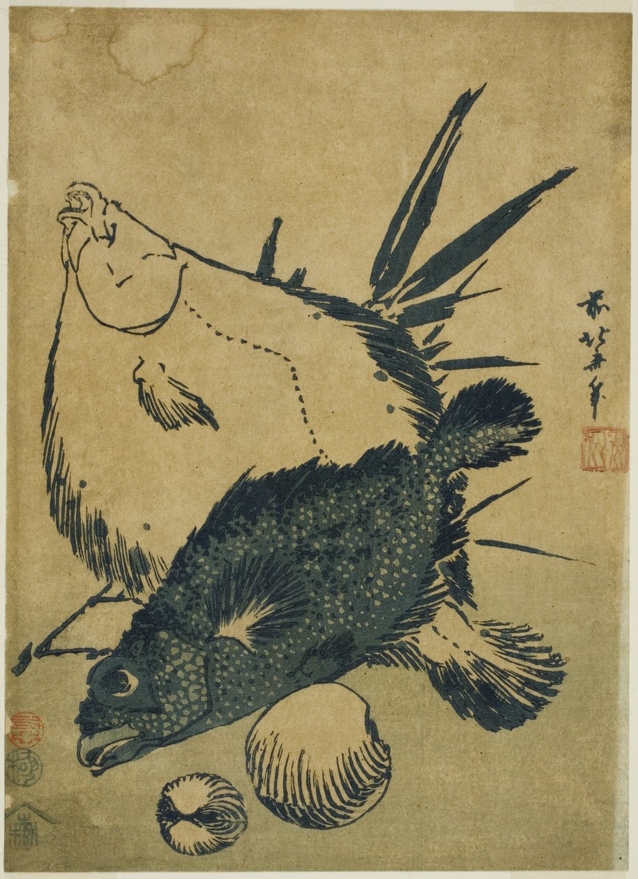 Platýs, štír a mušle z nepojmenované série chubanských tisků od Katsushika Hokusai