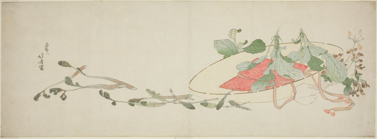 Květiny a jarní zelenina v klobouku od Katsushika Hokusai