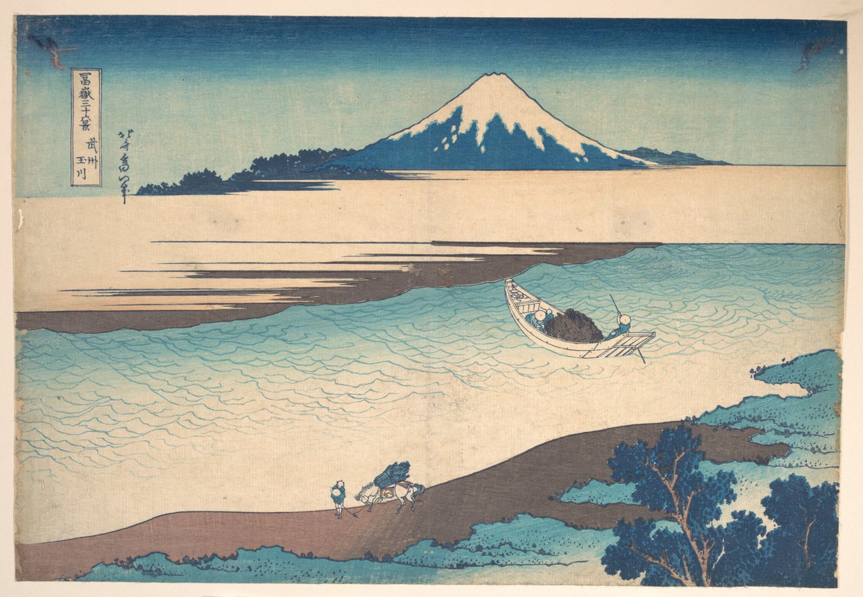 Fuji – řeka Tama, provincie Musashi, ze série „Třicet šest pohledů na horu Fuji“ (Fugaku sanjūrokkei) od Katsushika Hokusai