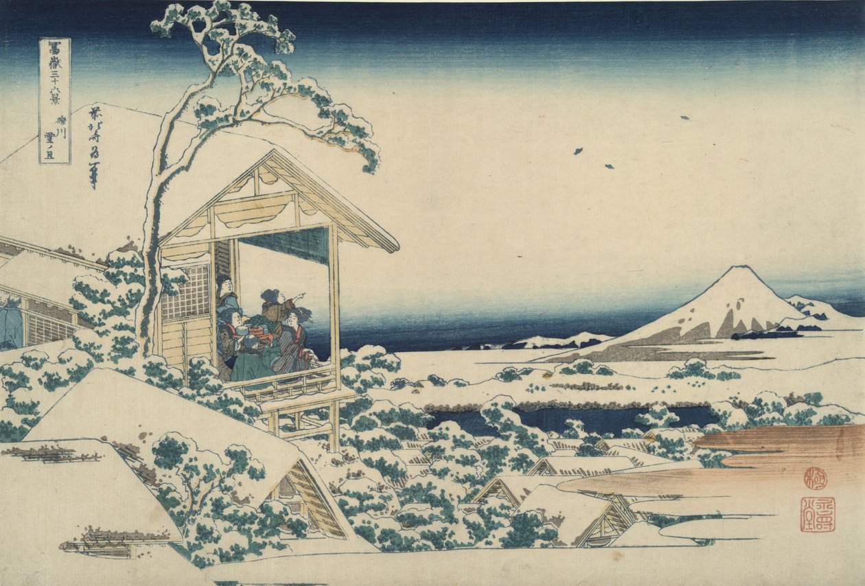 Fudži z Koishikawy za zasněženého rána, ze série „Třicet šest pohledů na horu Fudži“ od Katsushika Hokusai