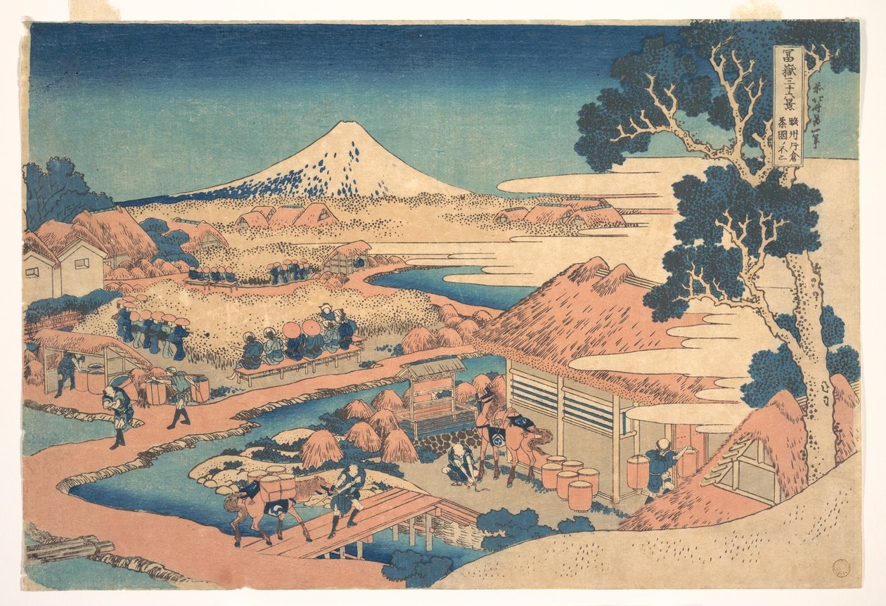 Fuji z čajových plantáží Katakura v Surugě (Sunshū Katakura chaen no Fuji), ze série Třicet šest pohledů na horu Fuji (Fugaku sanjūrokkei) od Katsushika Hokusai