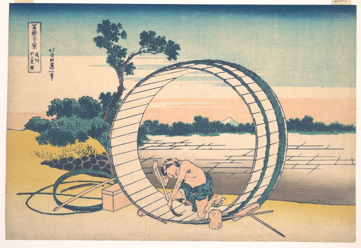 Fujimigahara v provincii Owari (Bishū Fujimigahara), ze série „Třicet šest pohledů na horu Fuji“ (Fugaku sanjūrokkei) od Katsushika Hokusai