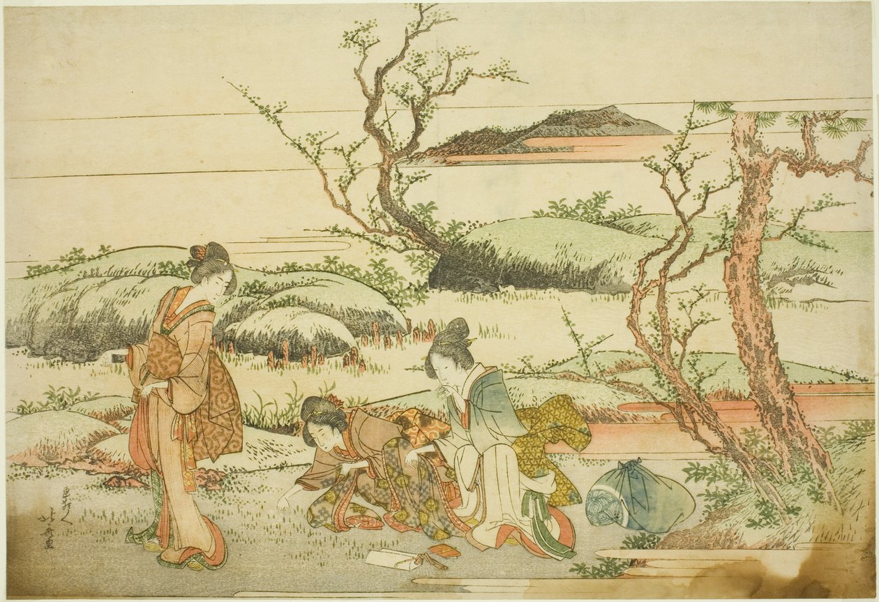 Sběr jarní zeleně, z alba „Fuji in Spring (Haru no Fuji)“ od Katsushika Hokusai