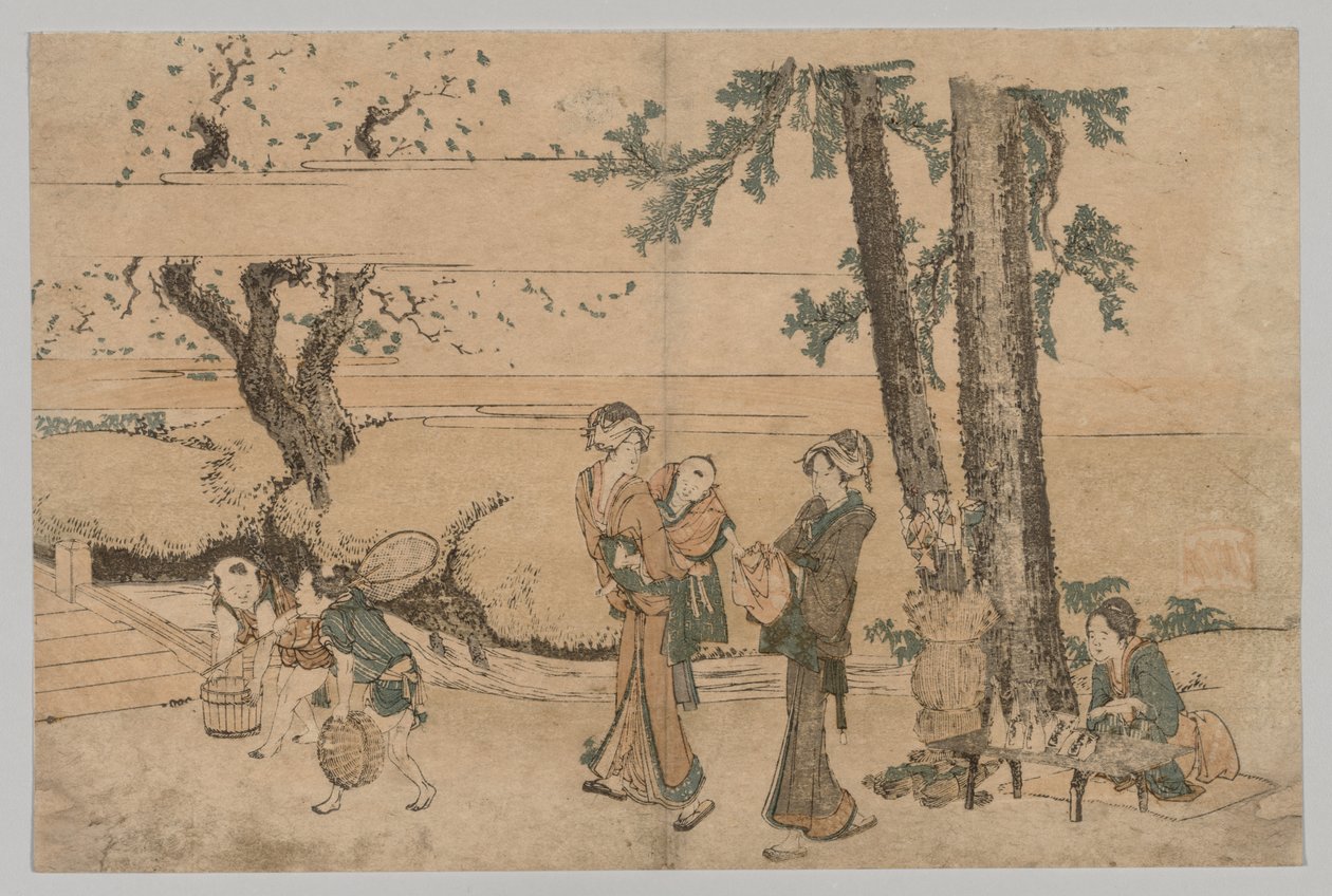 Skupina postav poblíž potoka od Katsushika Hokusai