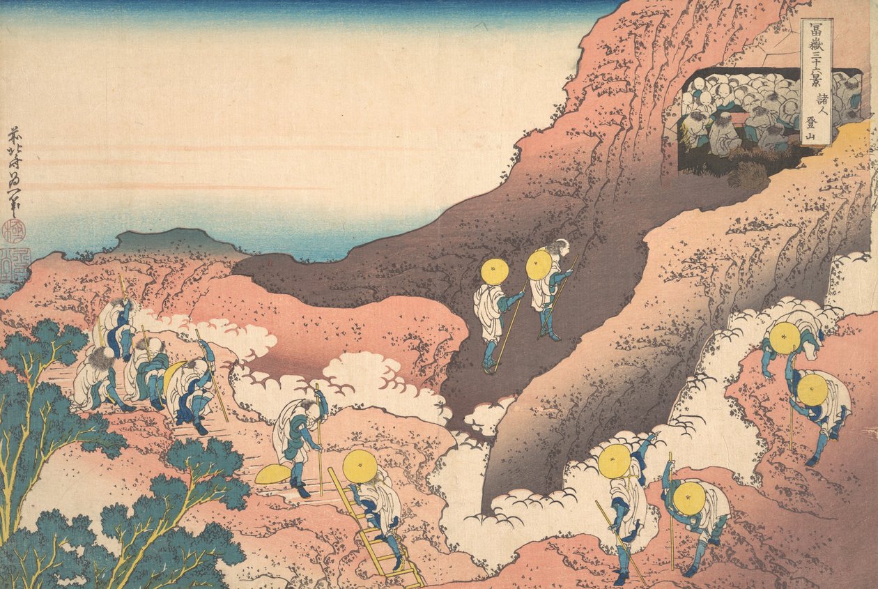 Skupiny horolezců Shojin tozan, ze série Třicet šest pohledů na Mou..., ca. 1830-32. od Katsushika Hokusai