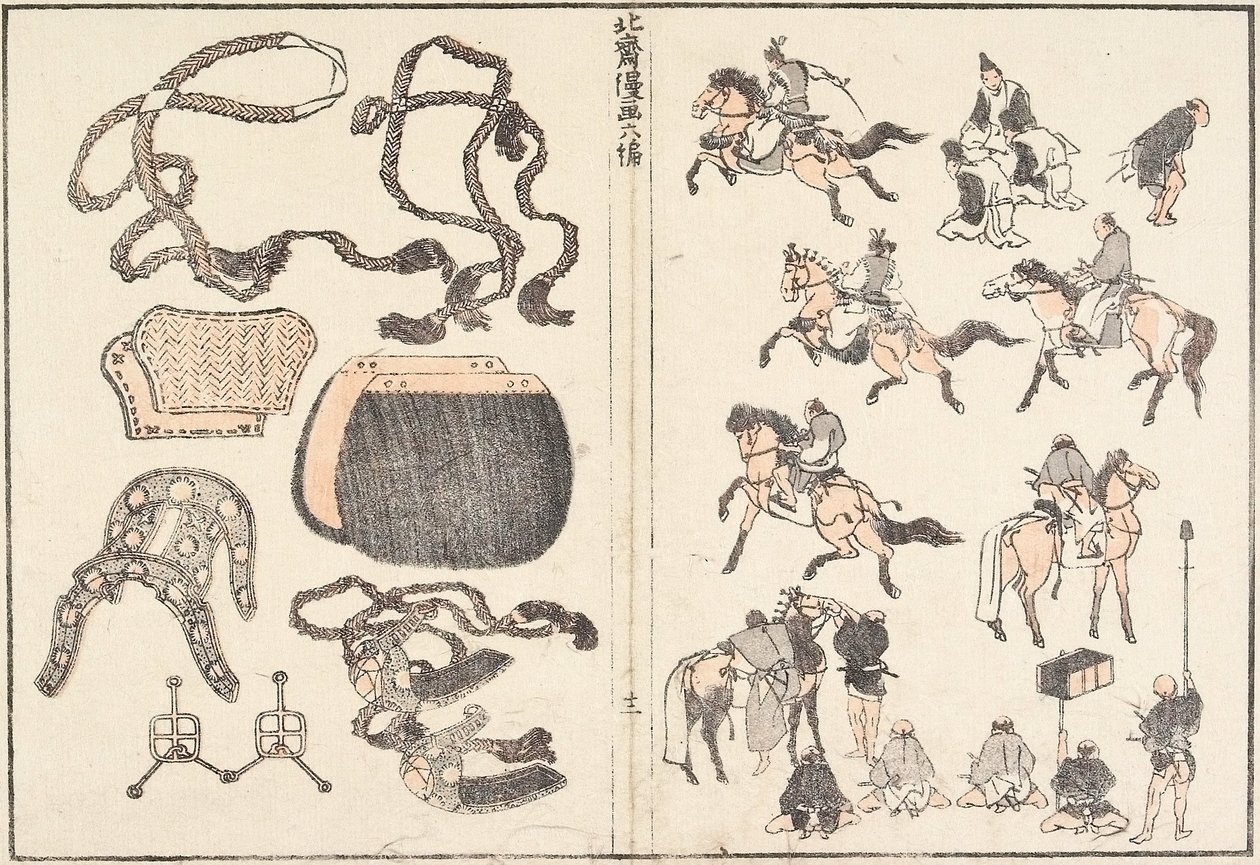 Jezdci na koních a postroje od Katsushika Hokusai