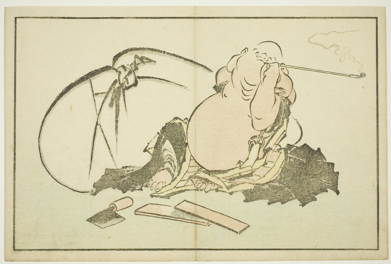 Hotei kouří dýmku, z Hokusaiovy knihy realistických obrazů (Hokusai shashin gafu), asi 1814 (barevný dřevoryt (albový list)) od Katsushika Hokusai