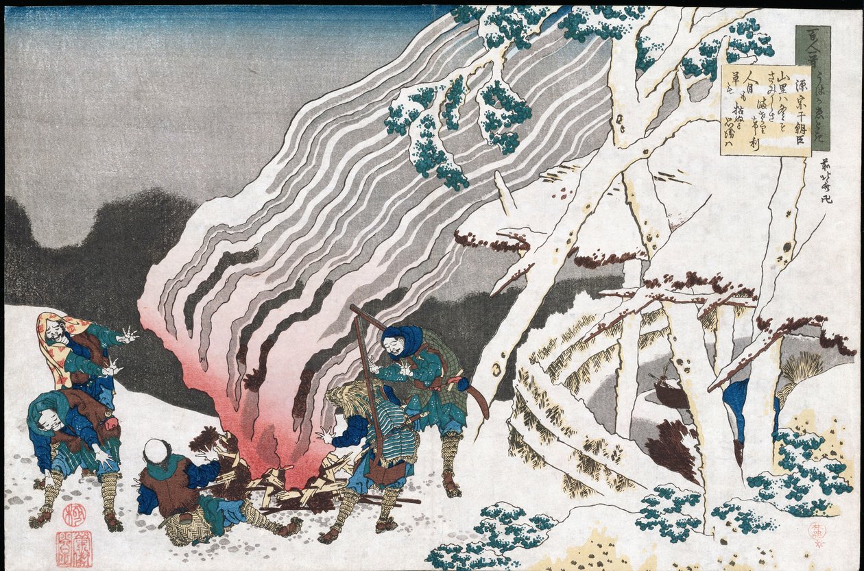 Lovci u ohně ve sněhu“, ze série „Sto básní vyprávěných sestrou“, publikované kolem roku 1835 od Katsushika Hokusai