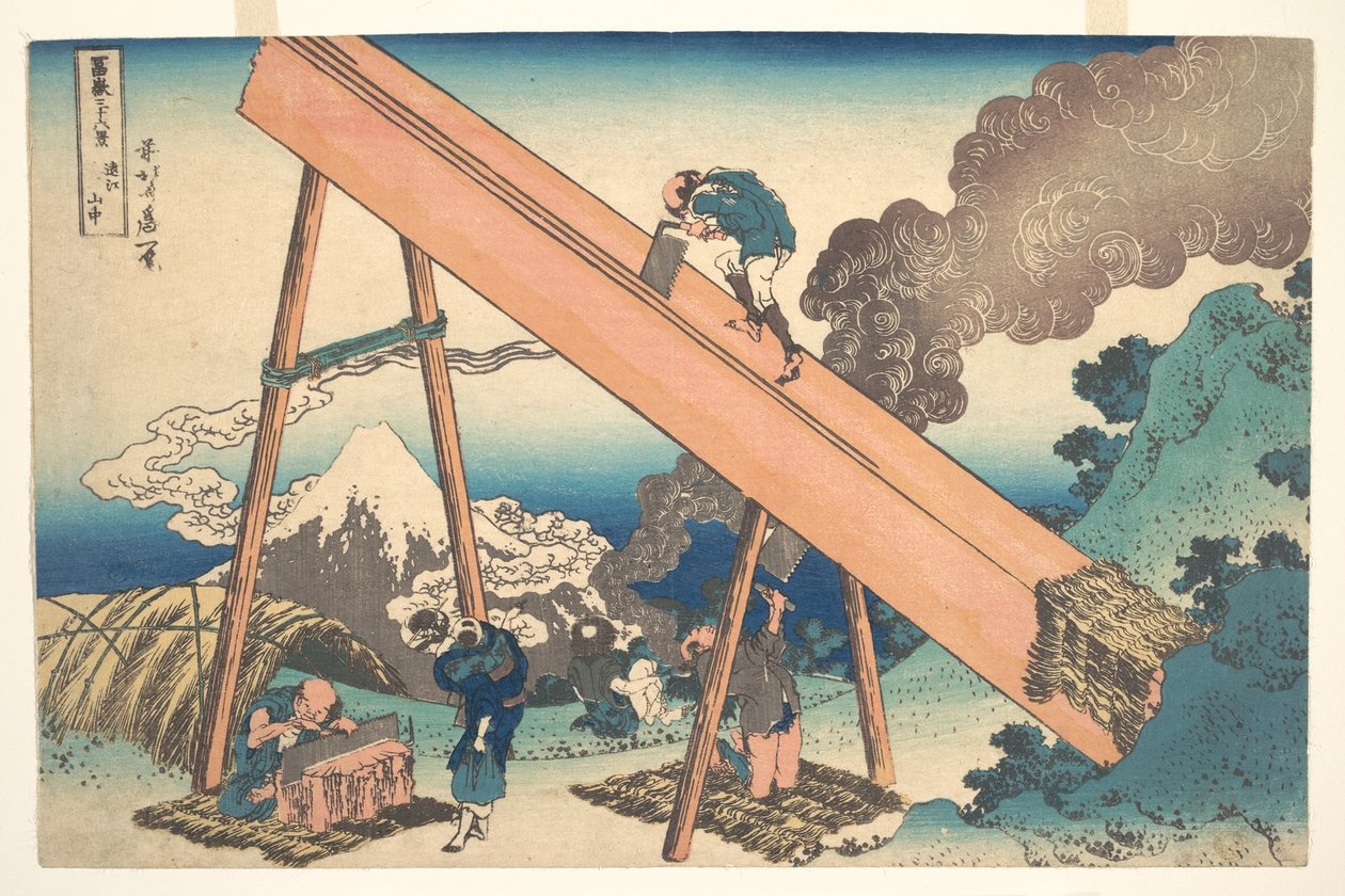V horách provincie Tōtomi (Tōtomi sanchū), ze série „Třicet šest pohledů na horu Fuji“ (Fugaku sanjūrokkei) od Katsushika Hokusai