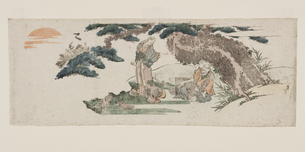 J? a Uba, starověký pár Takasago (barevný dřevořez) od Katsushika Hokusai