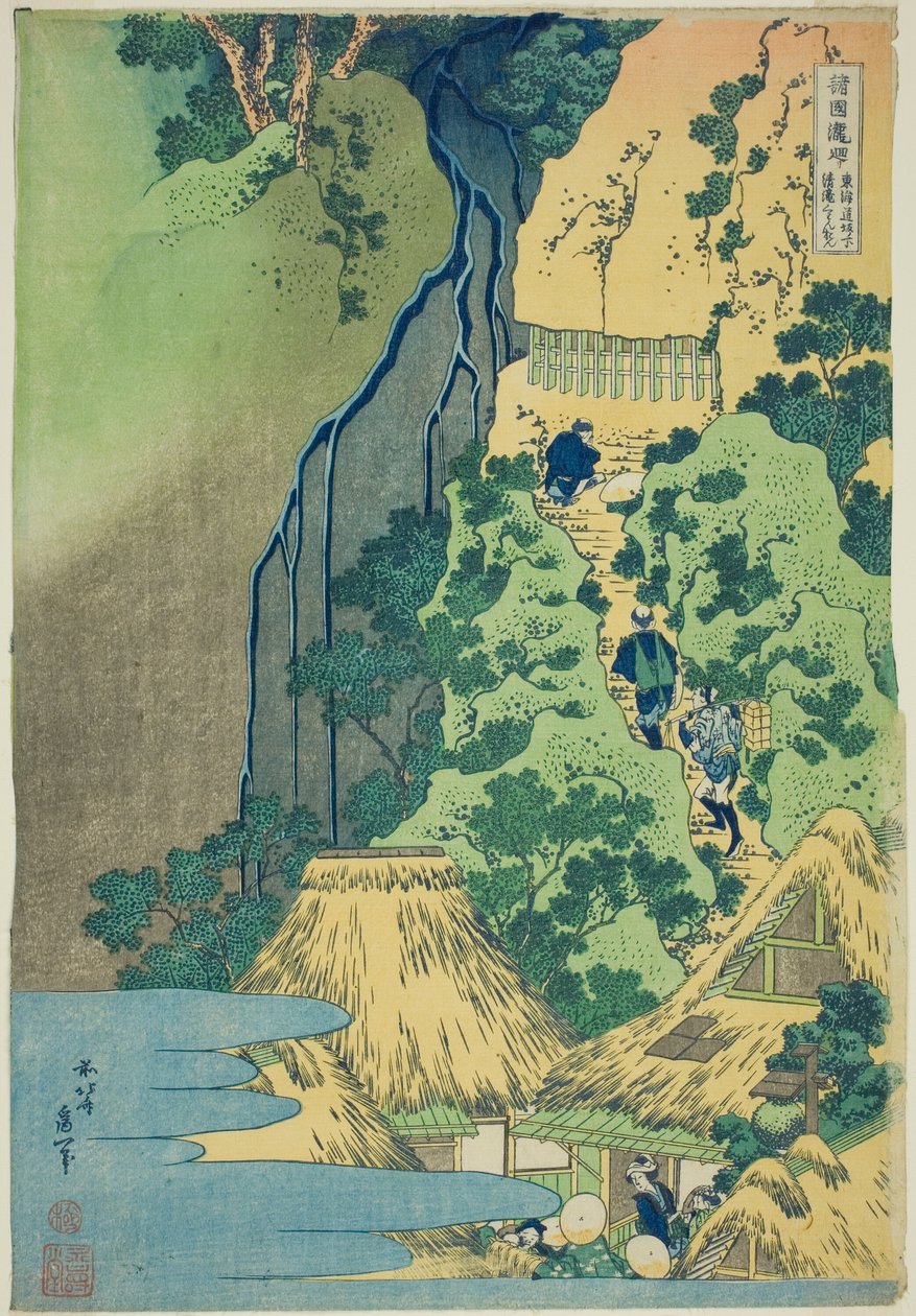 Svatyně Kannon u vodopádů Kiyo v Sakanoshita na řece Tōkaidō, ze série Prohlídka vodopádů v různých provinciích (Shokoku taki meguri) od Katsushika Hokusai