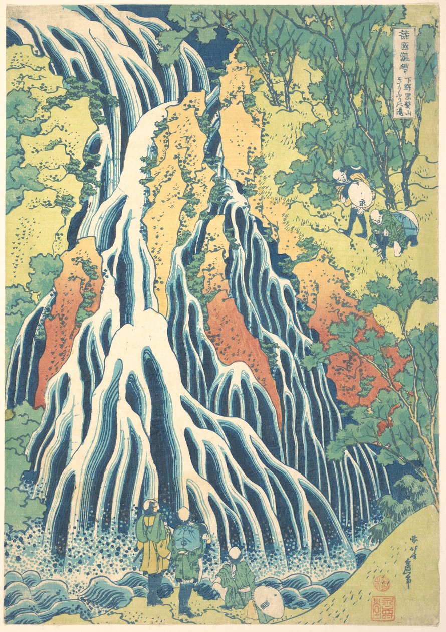 Vodopád Kirifuri na hoře Kurokami v Shimotsuke (Shimotsuke Kurokamiyama Kirifuri no taki), ze série „Prohlídka vodopádů v různých provinciích“ (Shokoku taki meguri) od Katsushika Hokusai