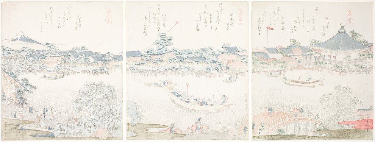 Komagata Hall a O-umaya River Bank, ze série "Výběr koní (Uma zukushi)" od Katsushika Hokusai