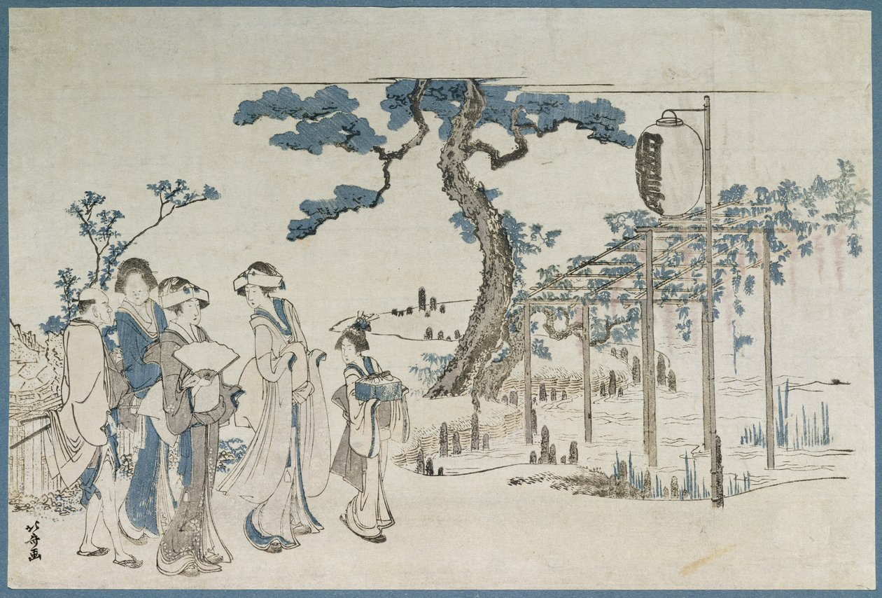 Dámy na návštěvě zahrad Wisteria v Kameido (dřevořez) od Katsushika Hokusai