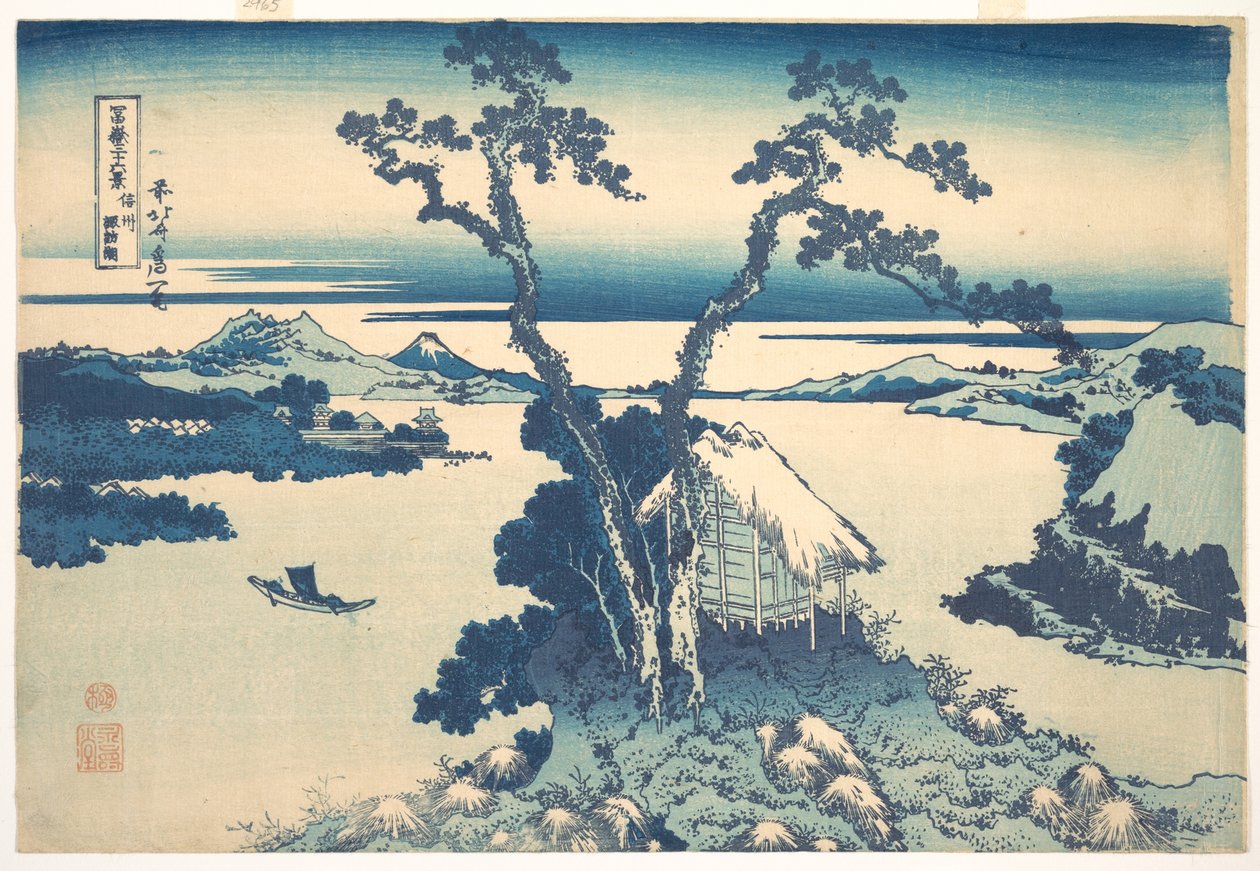 Jezero Suwa v provincii Šinano (Šinšú Suwako), ze série „Třicet šest pohledů na horu Fudži“ (Fugaku sanjūrokkei) od Katsushika Hokusai