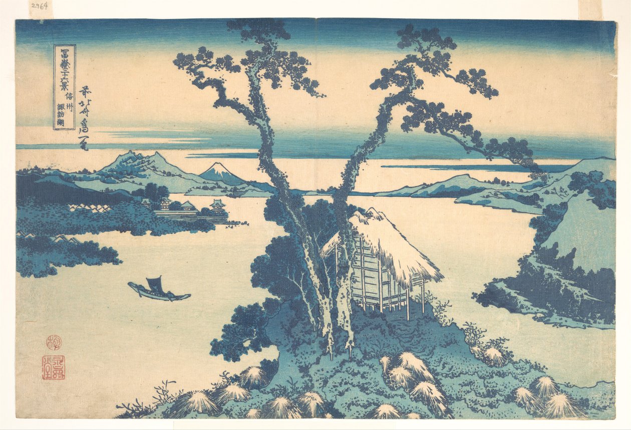 Jezero Suwa v provincii Šinano (Šinšú Suwako), ze série „Třicet šest pohledů na horu Fudži“ (Fugaku sanjūrokkei) od Katsushika Hokusai