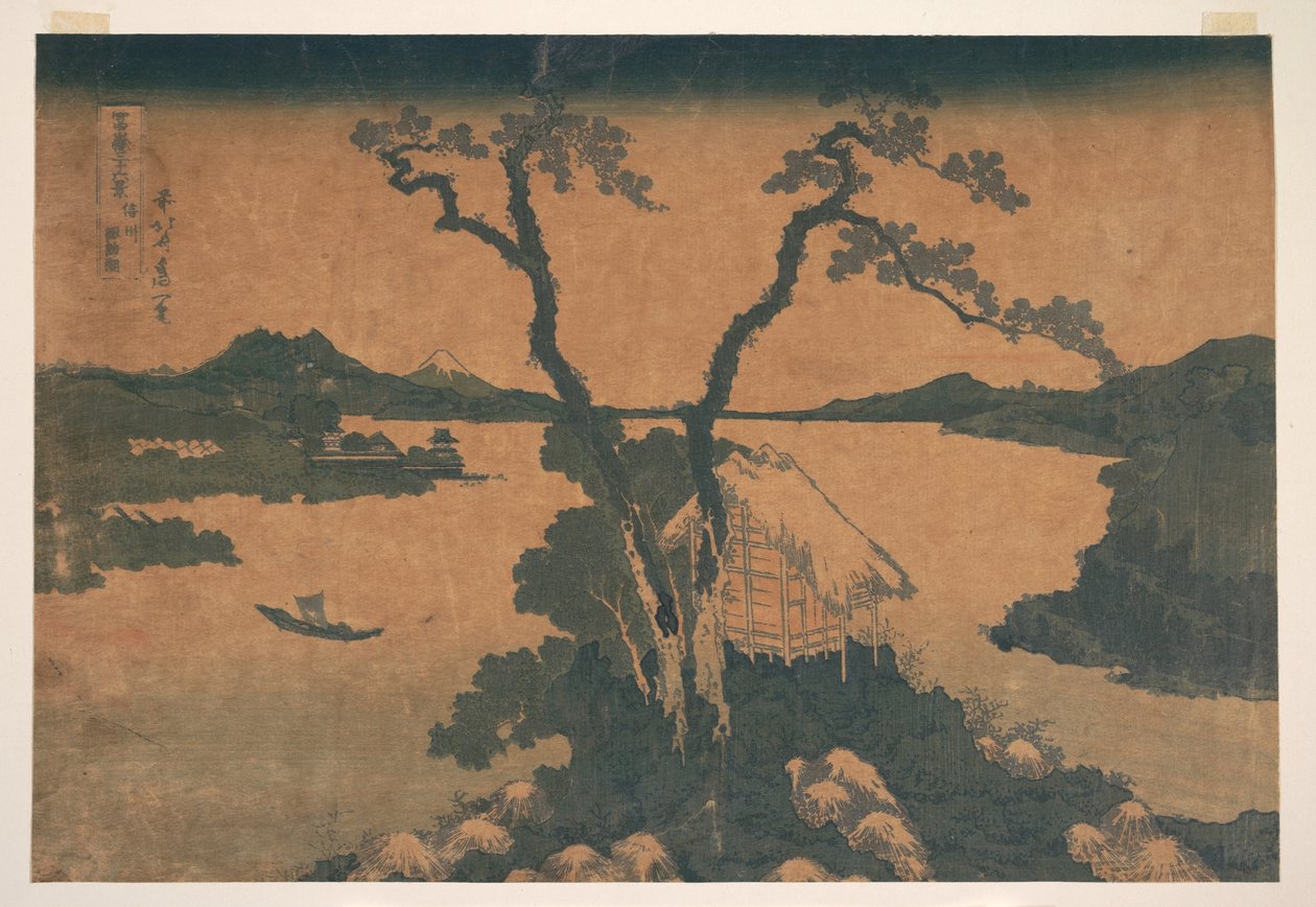 Jezero Suwa v provincii Šinano (Šinšú Suwako), ze série „Třicet šest pohledů na horu Fudži“ (Fugaku sanjūrokkei) od Katsushika Hokusai