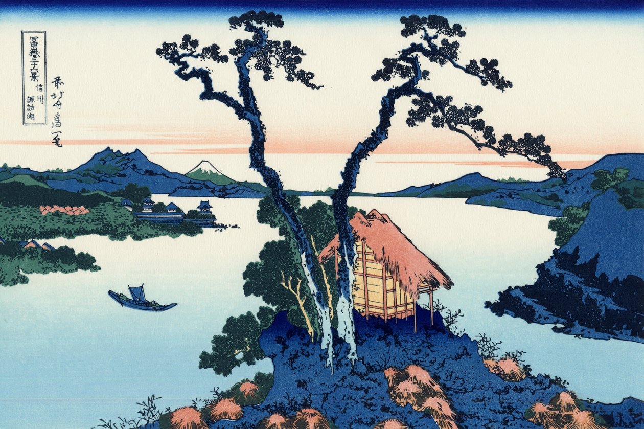 Jezero Suwa v provincii Shinano, kolem roku 1830 (dřevotisk) od Katsushika Hokusai
