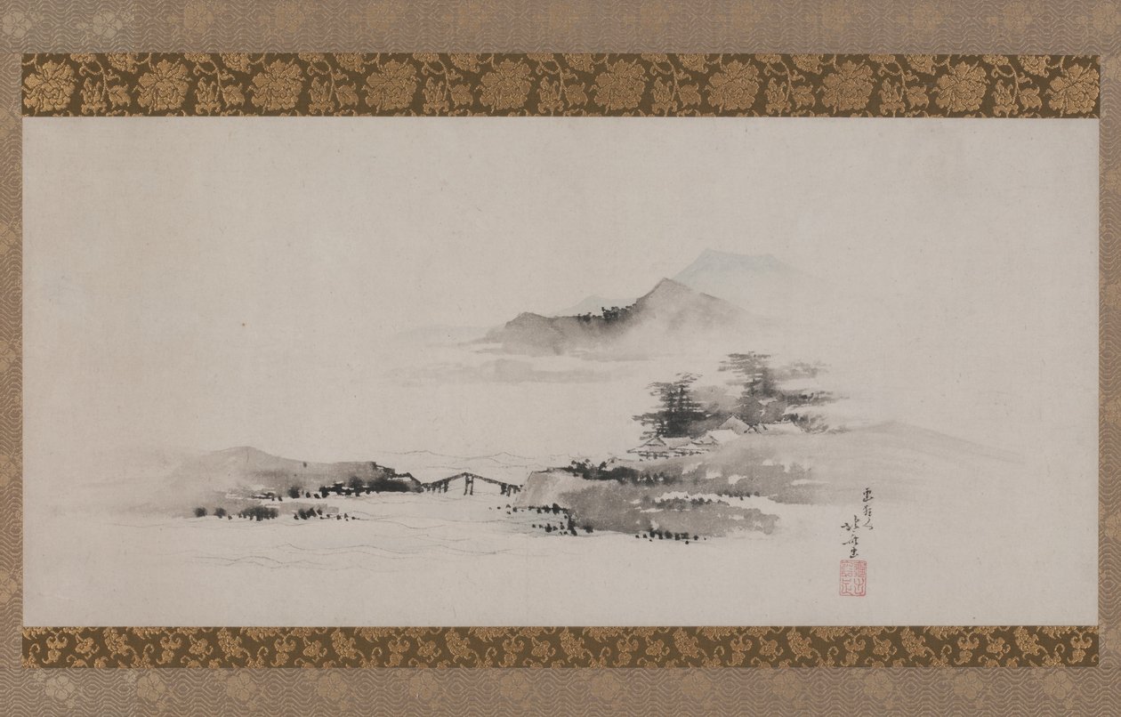 Krajina, období Edo, kolem 1801-02 (inkoust a barva na papíře připevněné jako závěsný svitek) od Katsushika Hokusai