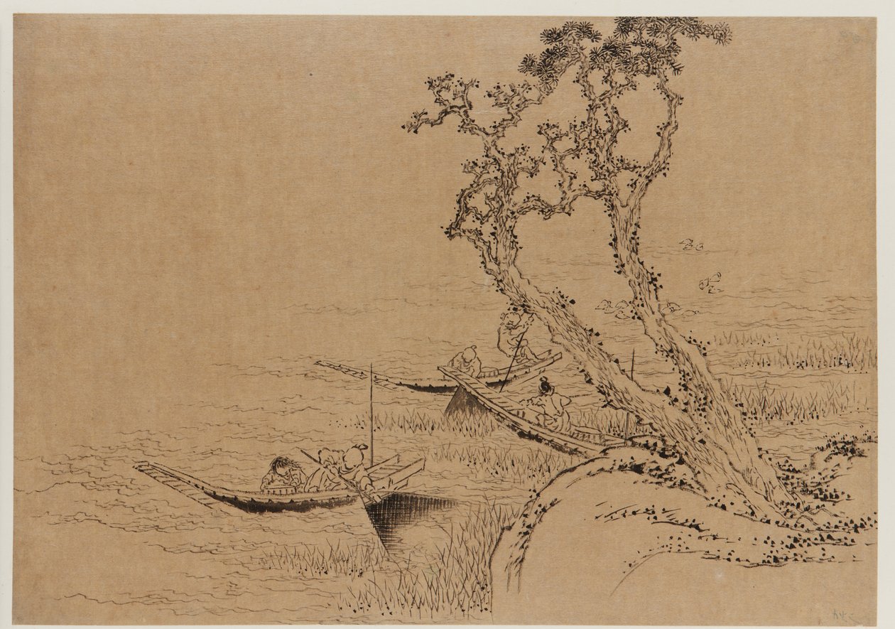 Krajina: postavy lovící z lodí, konec 18.-začátek 19. století. od Katsushika Hokusai