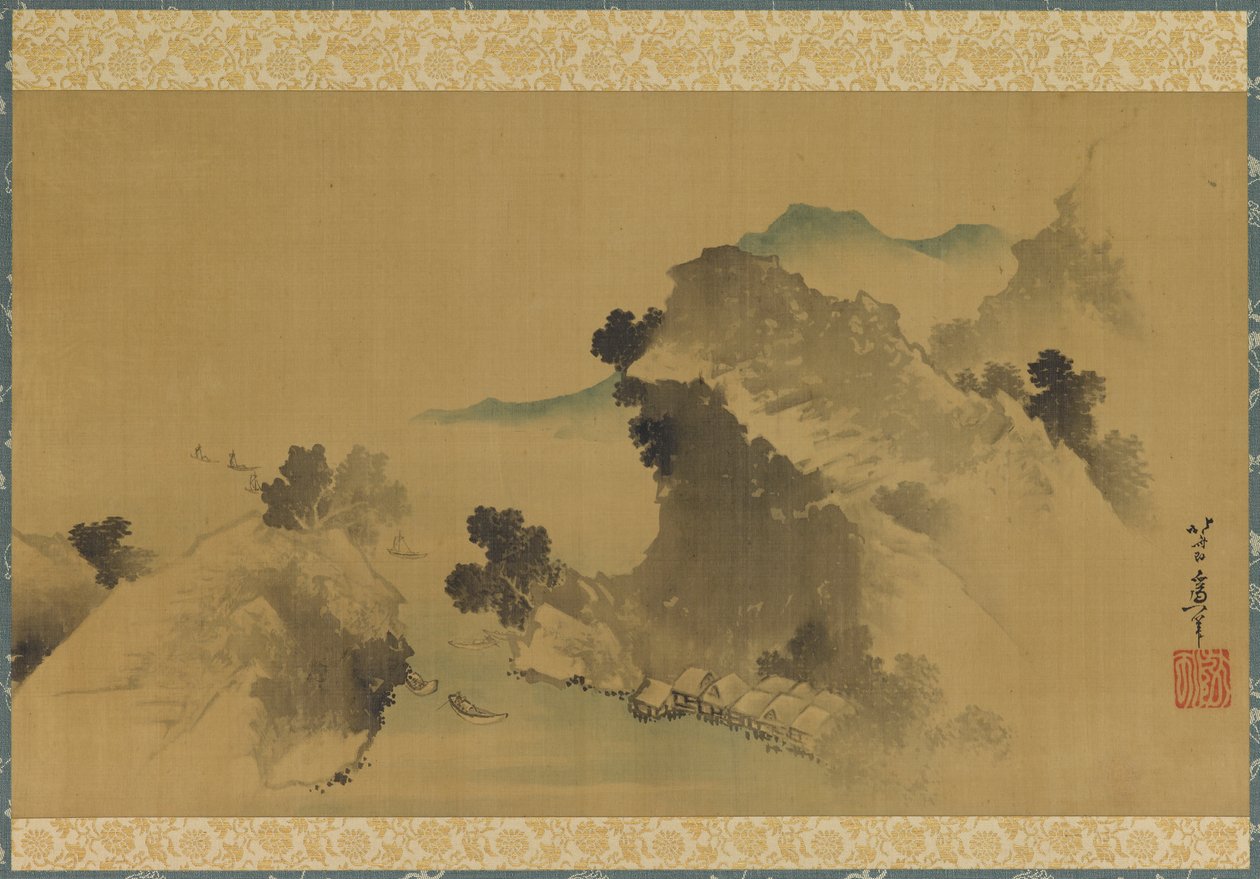 Krajina: hory, potok a lodě, konec 18.-začátek 19. století. od Katsushika Hokusai