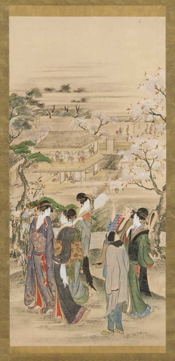 Krajina: party mužů a žen při pohledu na třešňové květy, konec 18. a začátek 19. století. od Katsushika Hokusai