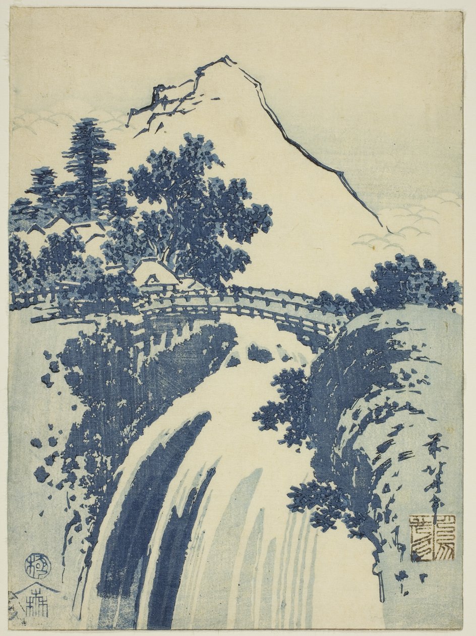 Krajina s vodopádem z nepojmenované série chubanských tisků od Katsushika Hokusai