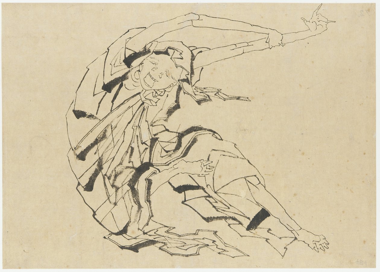 Muž s dlouhými pažemi se protahuje, období Edo (inkoust na papíře) od Katsushika Hokusai