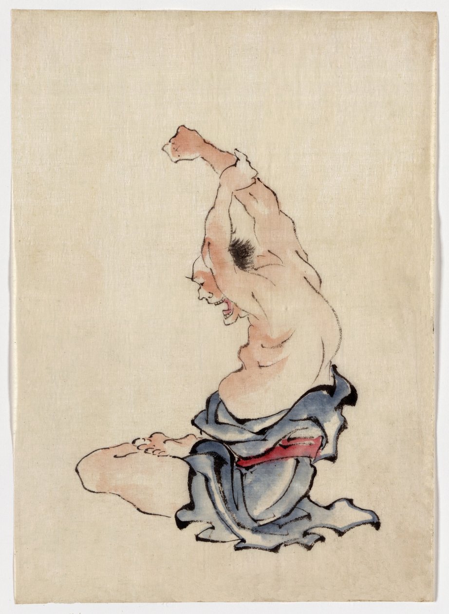 Man Stretching, vydáno 1830-50 (praní barevného inkoustu) od Katsushika Hokusai